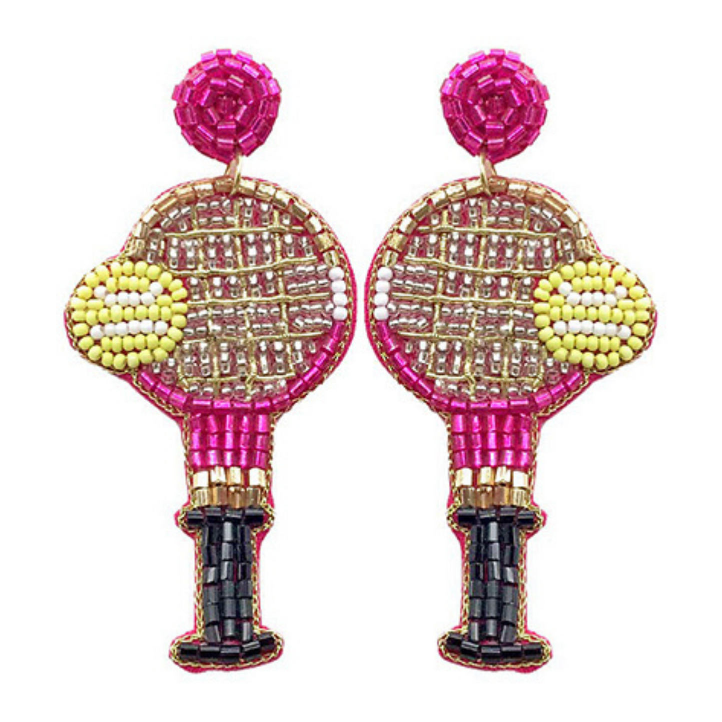 TENNIS Theme Seed Beaded Pink Sparkle Racket Earrings