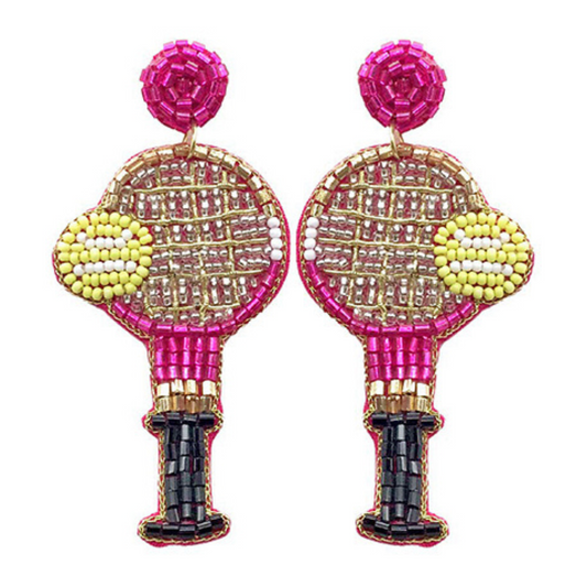 TENNIS Theme Seed Beaded Pink Sparkle Racket Earrings