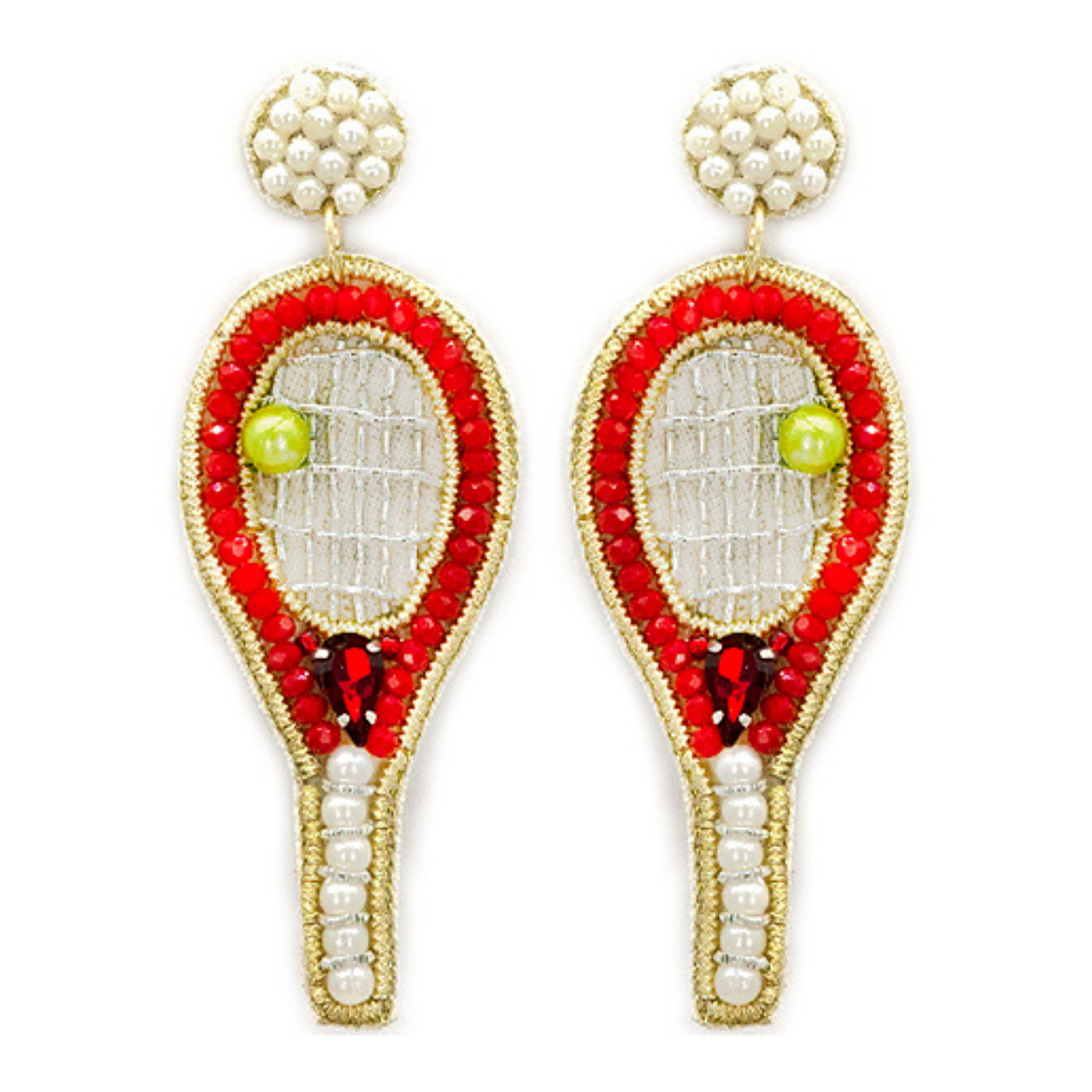 TENNIS Theme Seed Beaded Red Sparkle Racket Earrings