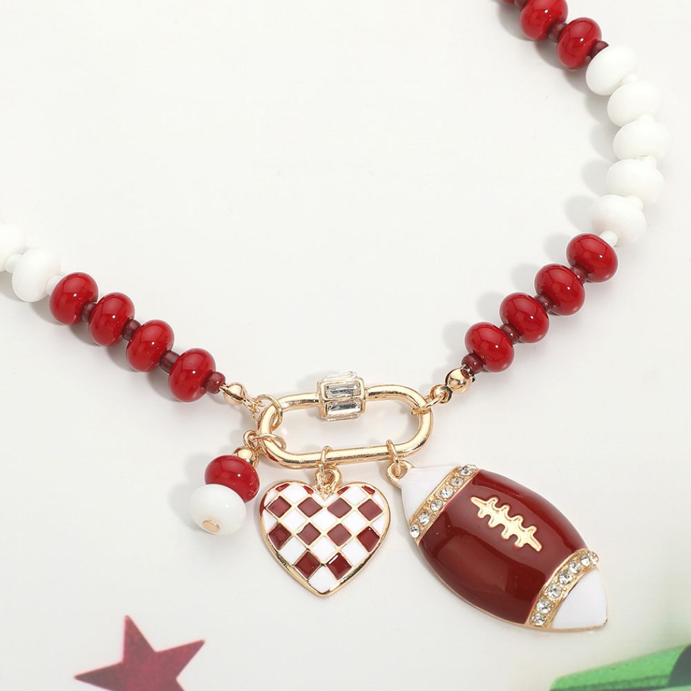 Crimson & White Football Team Beaded Charm Necklace