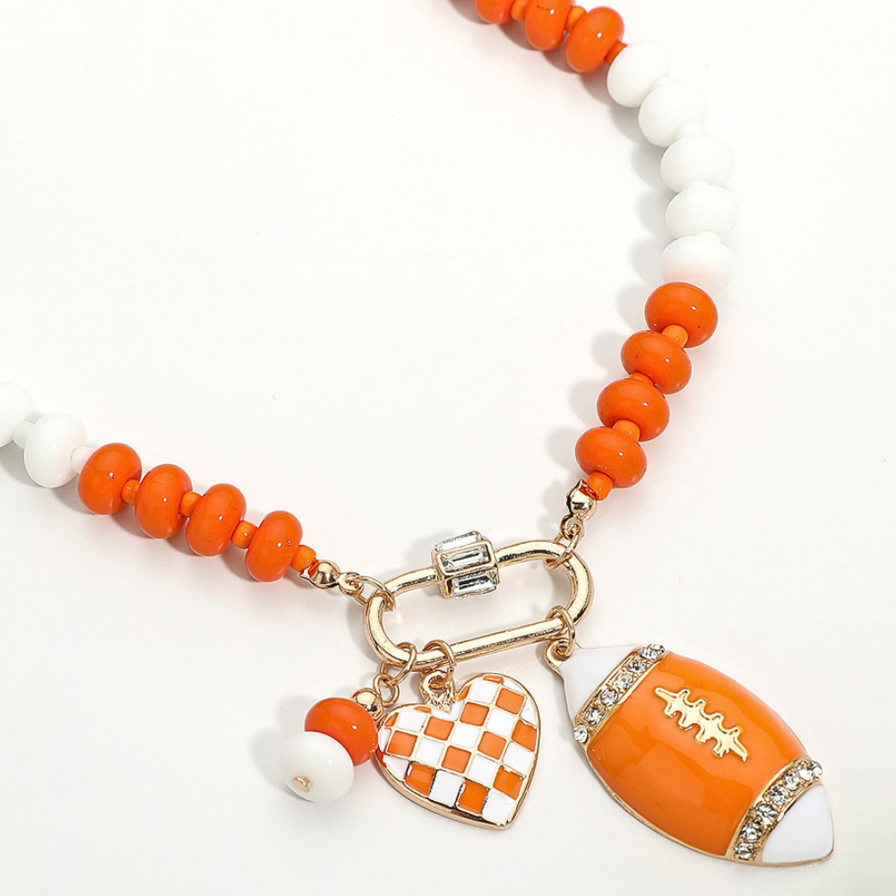 Orange & White Football Team Beaded Charm Necklace