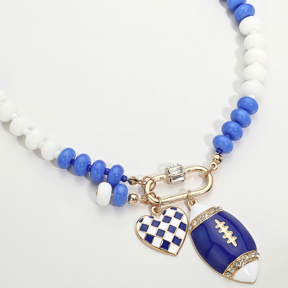 Blue & White Football Team Beaded Charm Necklace