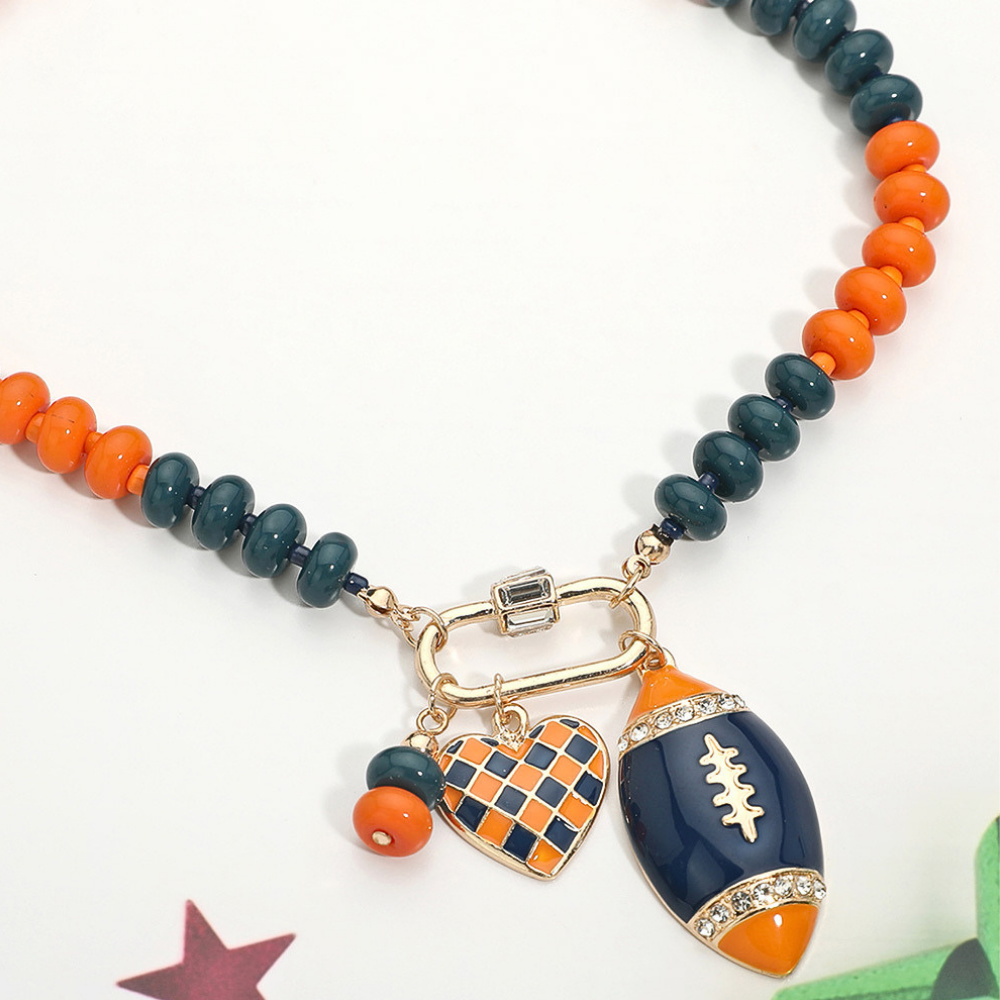 Orange & Blue Football Team Beaded Charm Necklace