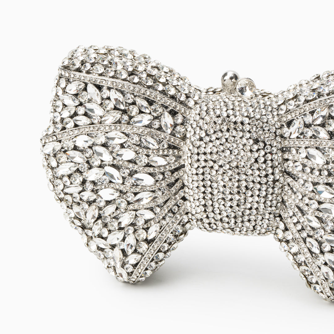 Austrian Crystal Silver Bow Evening Clutch Handbag