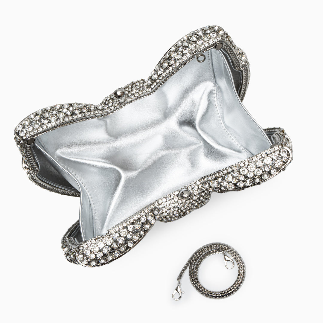 Austrian Crystal Silver Bow Evening Clutch Handbag
