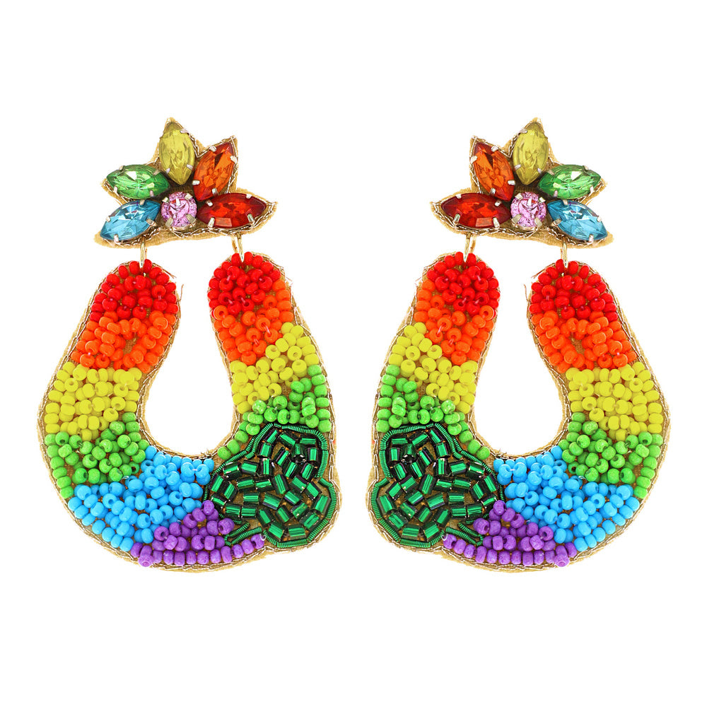 St Patrick's Day Jeweled Rainbow Lucky Shamrock Beaded Earrings