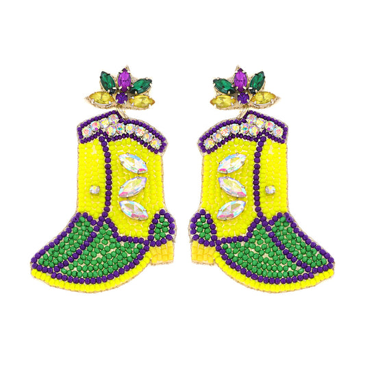 Mardi Gras Jeweled Beaded Western Boots Earrings