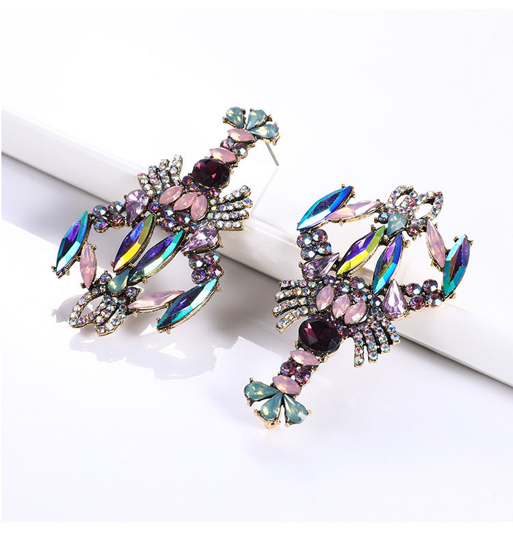 Aurora Crystals Lobster Rhinestone Glam Bling Earrings