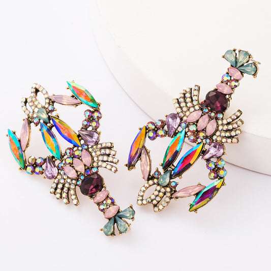 Aurora Crystals Lobster Rhinestone Glam Bling Earrings