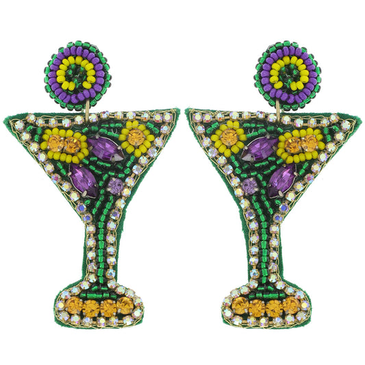 Mardi Gras Martini Cocktail Glass Beaded Earrings