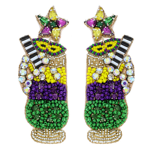 Mardi Gras Cocktail Beaded Jeweled Drop Earrings