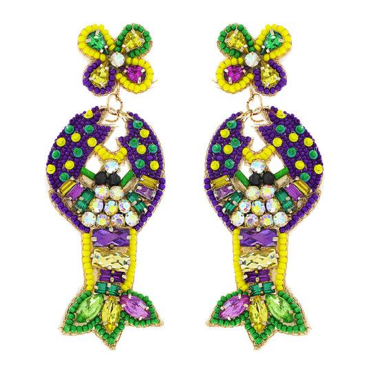 Mardi Gras Jeweled Crawfish Seed Beaded Earrings