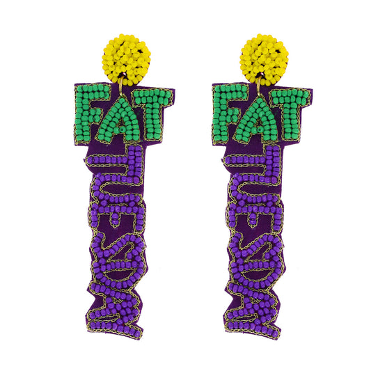 Mardi Gras Fat Tuesday Text Beaded Earrings