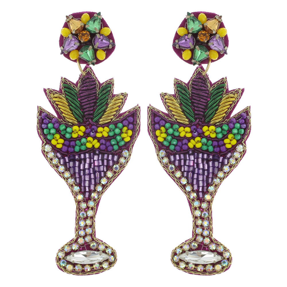 Mardi Gras Cocktail Glass Jewel Beaded Earrings