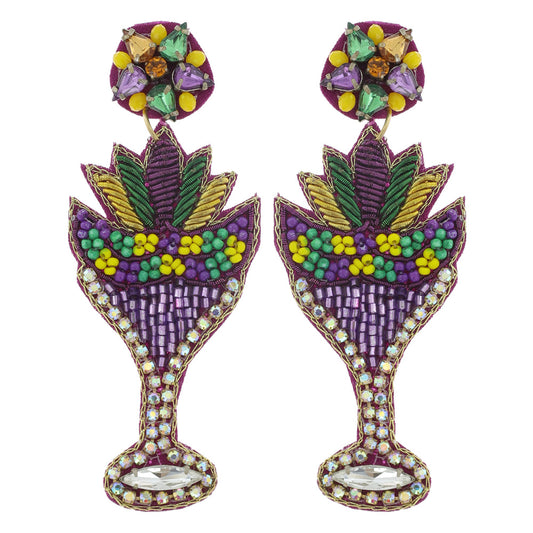 Mardi Gras Cocktail Glass Jewel Beaded Earrings