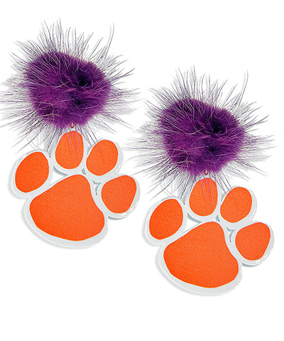 Clemson Tigers Football Acrylic Orange Purple Paw Earrings