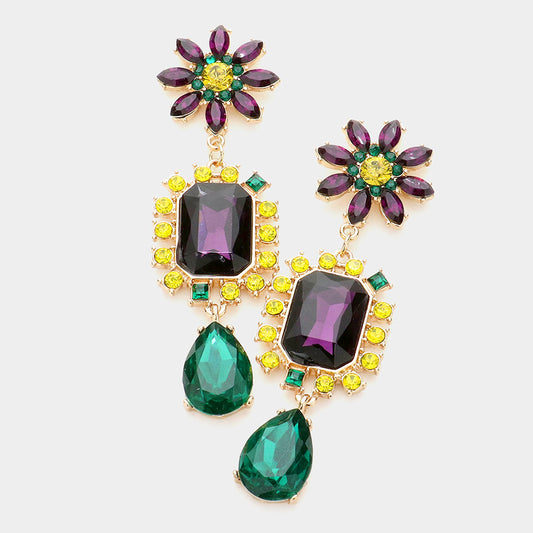 Mardi Gras Floral Multi Stone Link Evening Earrings