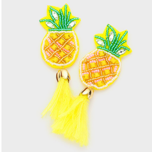 Beaded Pineapple Long Feather Tassel Earrings
