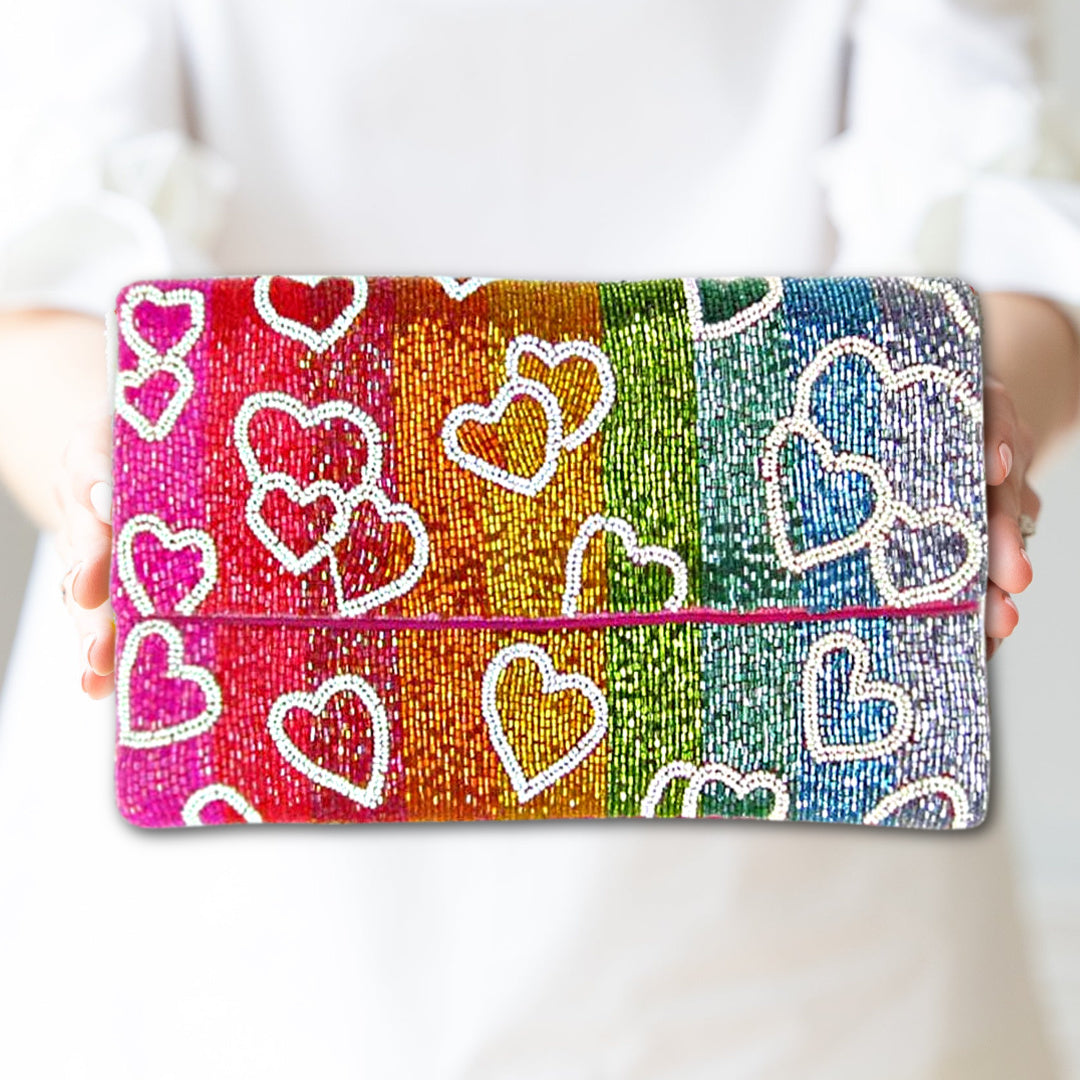 Rainbow Hearts Beaded Crossbody Chain Clutch Handbag