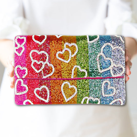 Rainbow Hearts Beaded Crossbody Chain Clutch Handbag