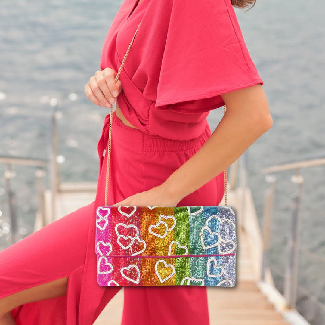 Rainbow Hearts Beaded Crossbody Chain Clutch Handbag