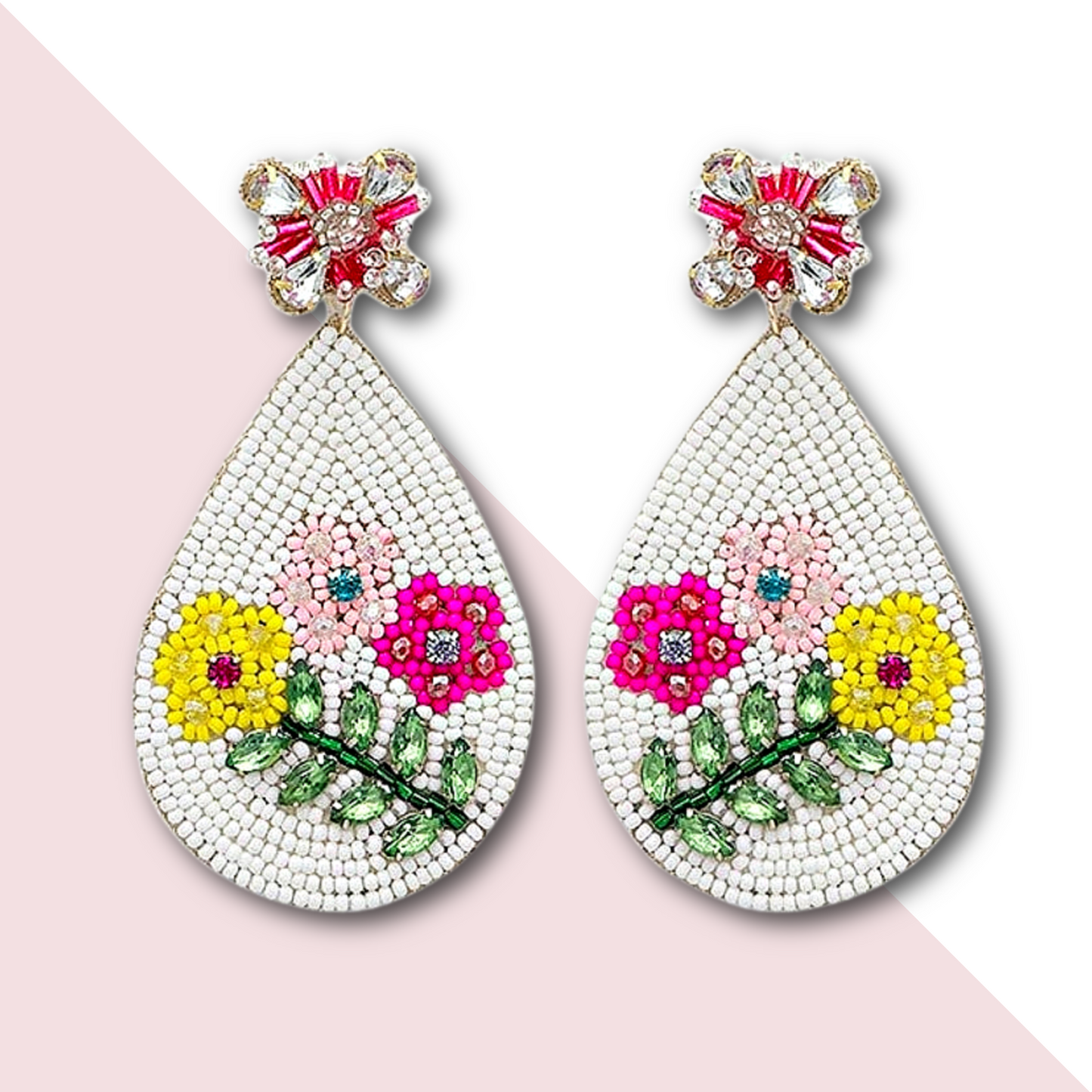 Flower Garden Crystal Seed Beaded Teardrop Earrings