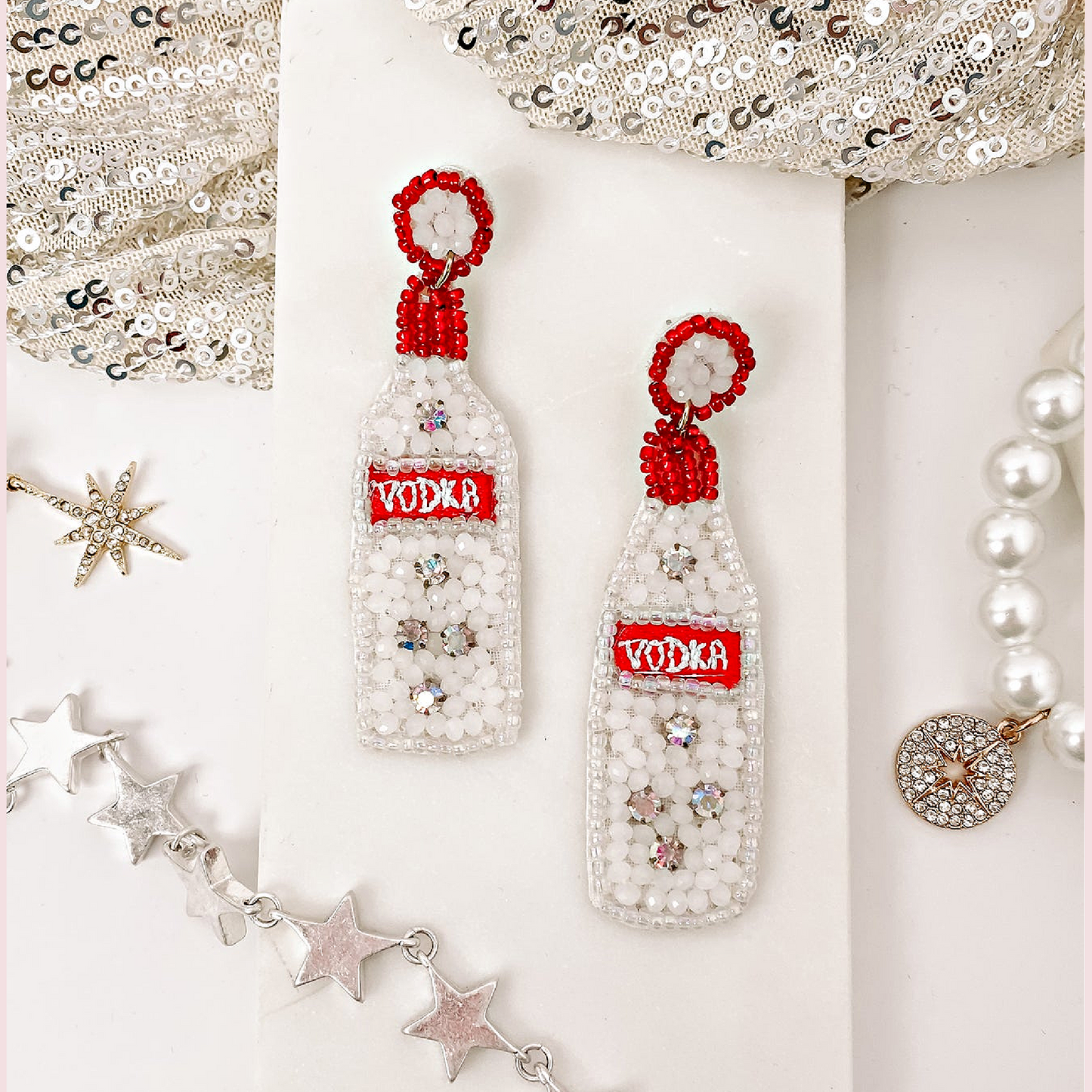 Iconic Brand Vodka Bottle Beaded Rhinestone Earrings