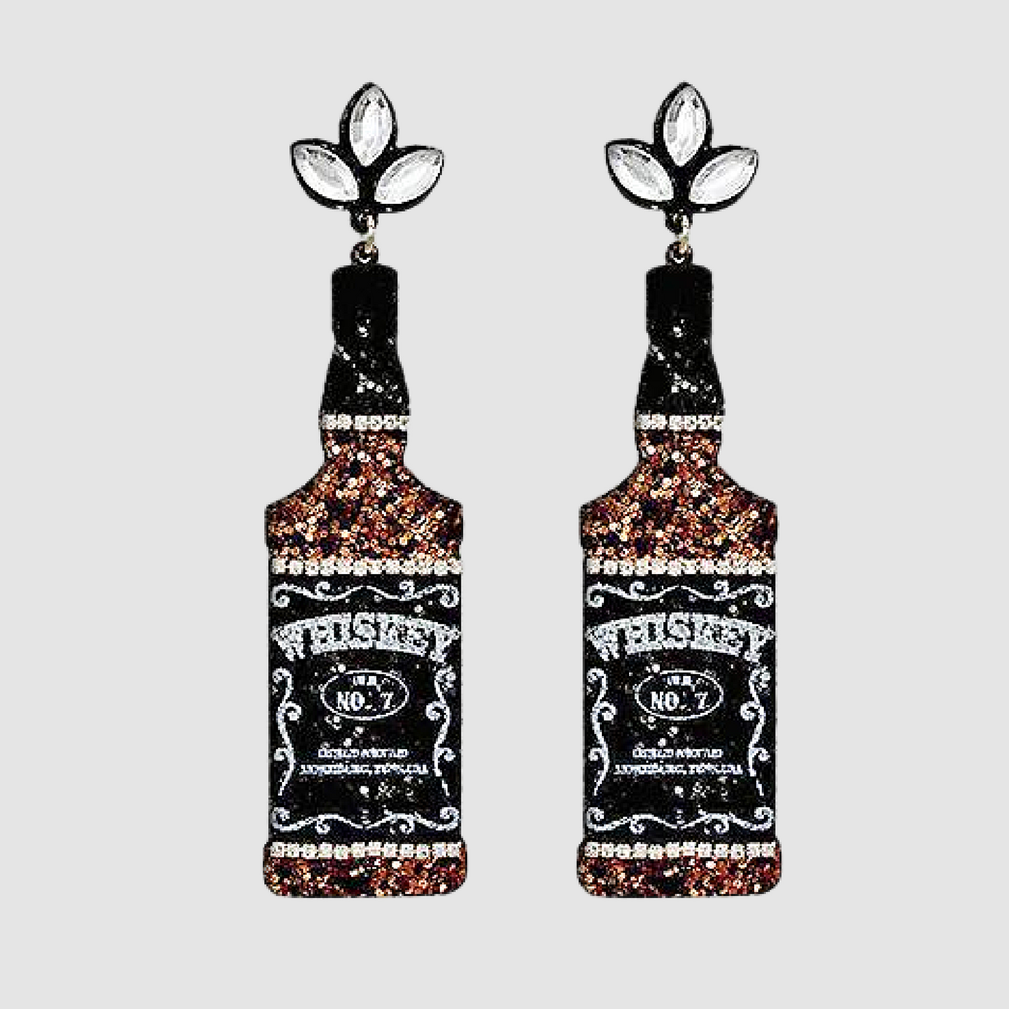 Whiskey Brand Bottle Glitter Leather Cut Earrings