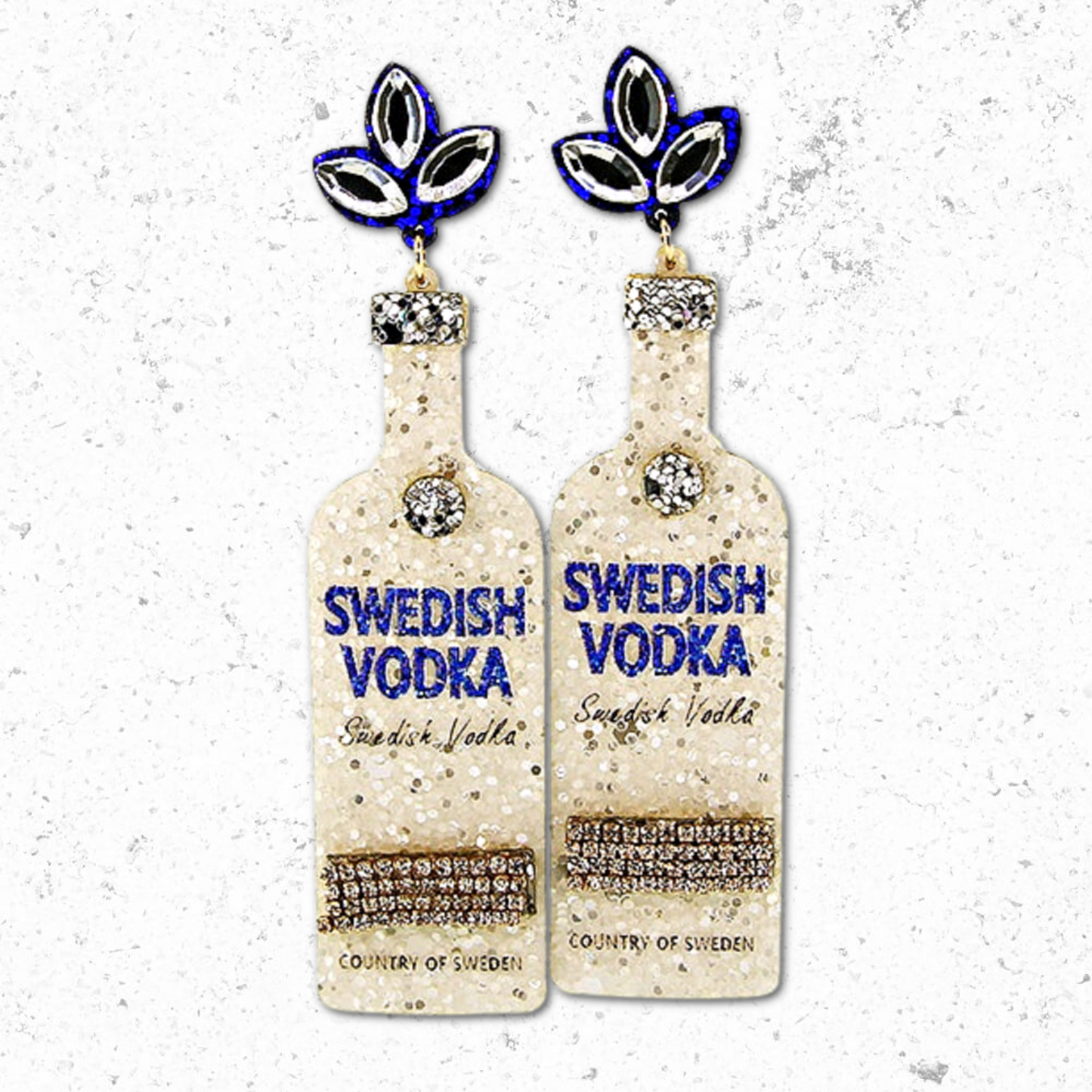 Iconic Swedish Vodka Brand Bottle Leather Glitter Earrings