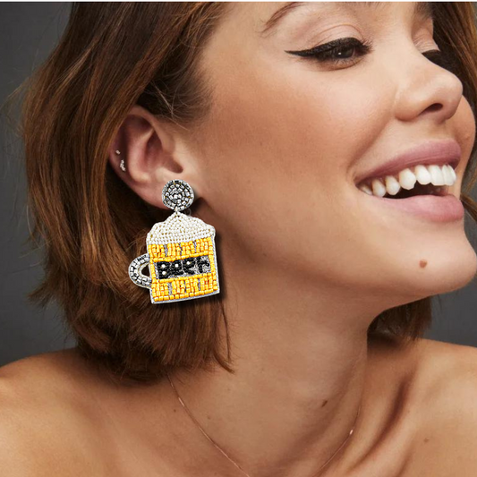 Beer Mug Gold Beaded Statement Earrings