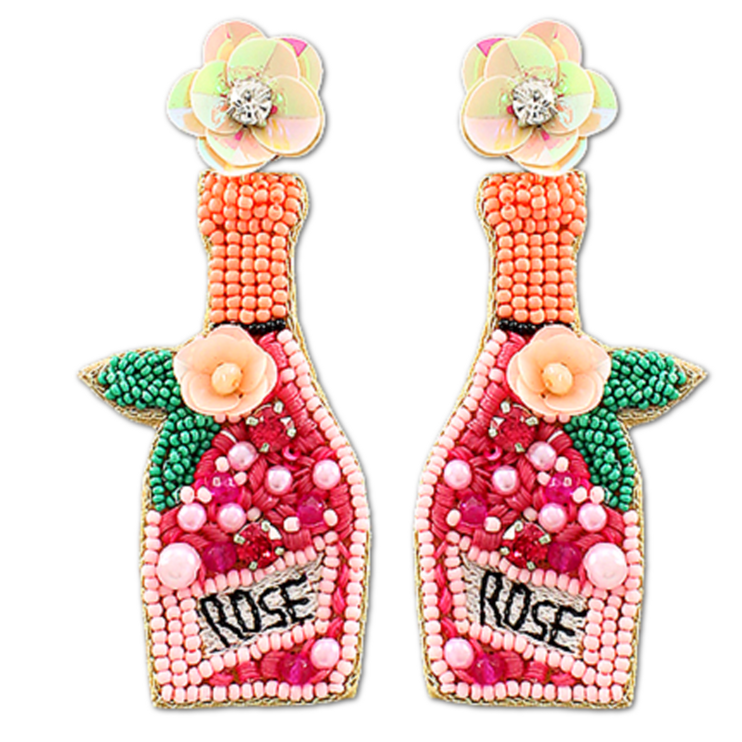 Rose Wine Bottle Seed Beaded Floral Earrings