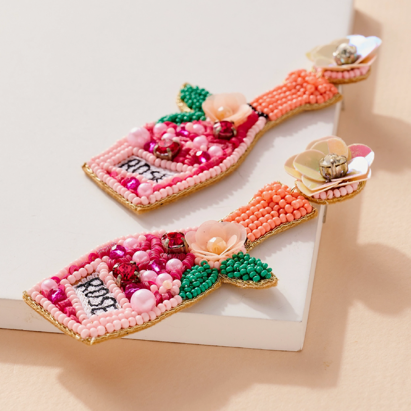 Rose Wine Bottle Seed Beaded Floral Earrings