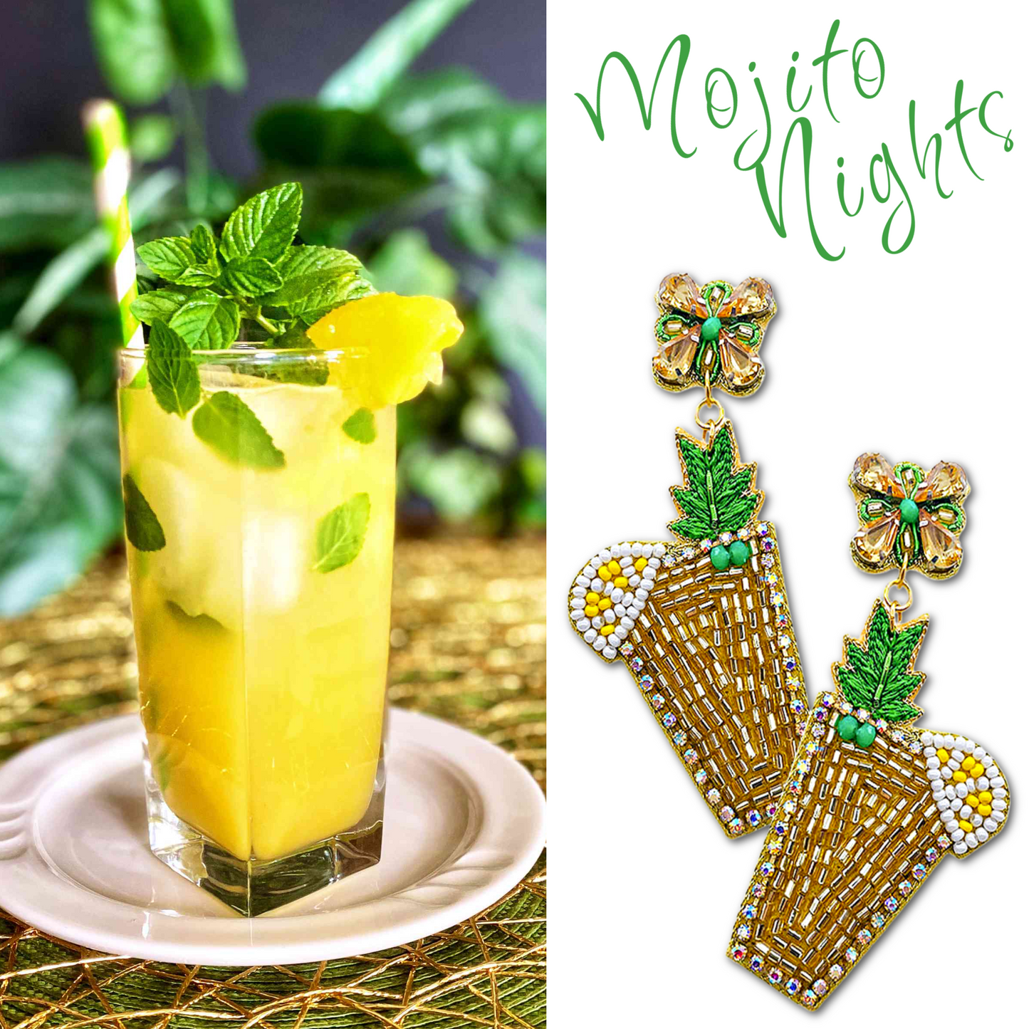 Mint Mojito Cocktail Beaded Crystal Earrings