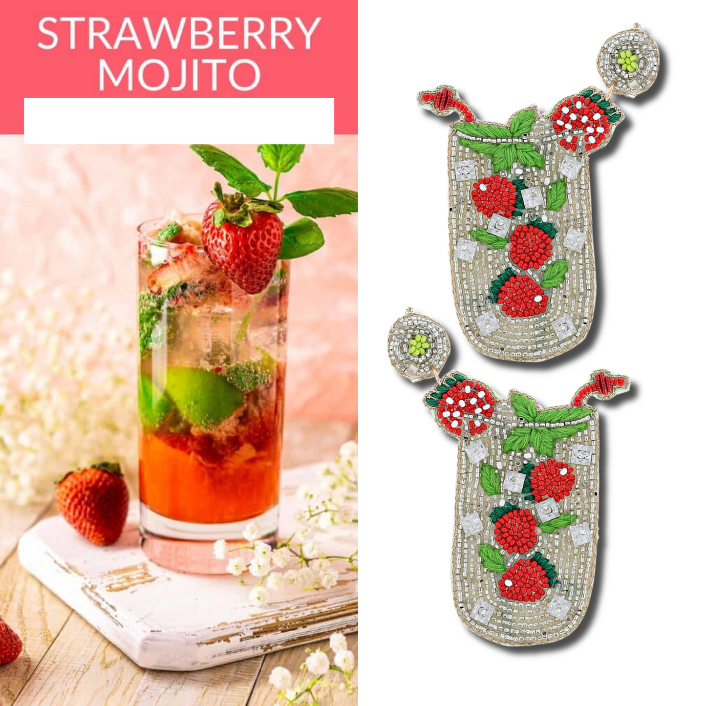 Strawberry Mojito Cocktail Beaded Earrings