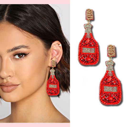 Red Beaded Champagne Bottle Party Earrings