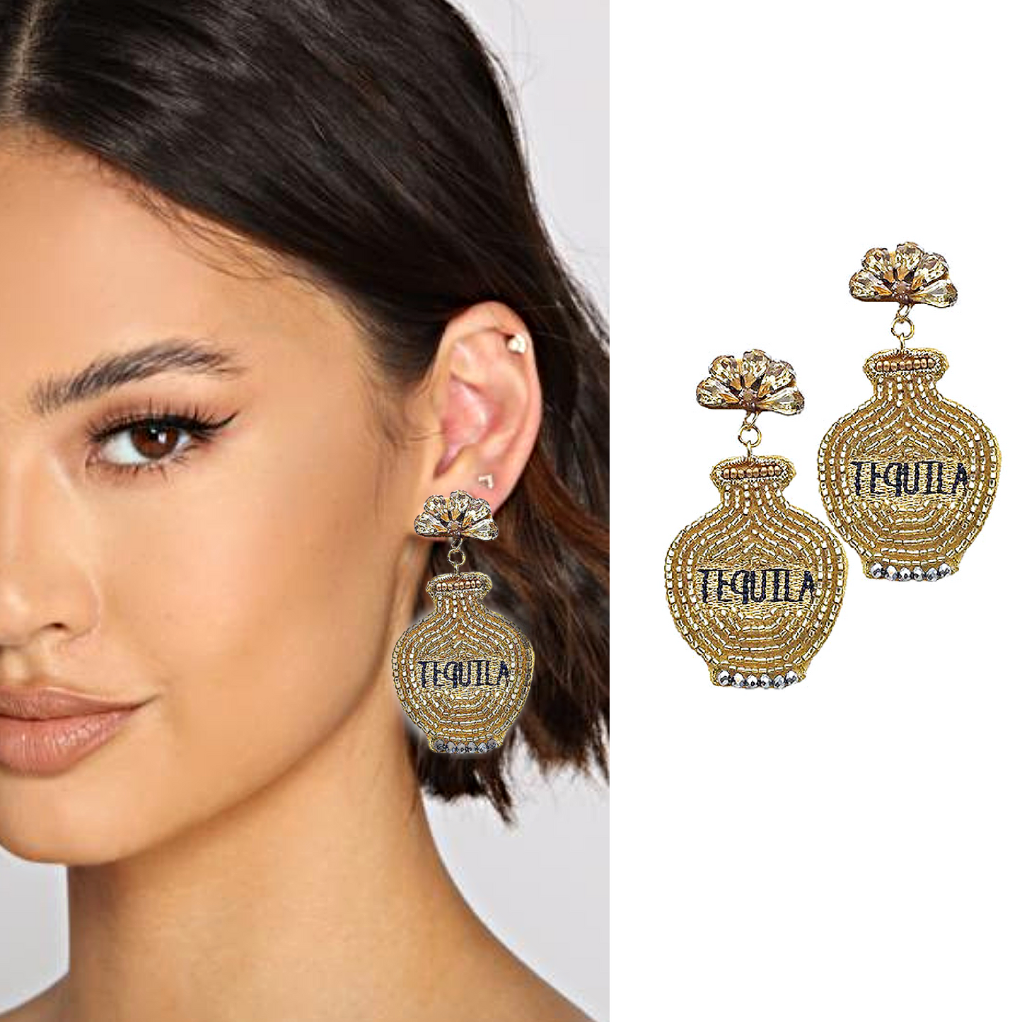 Tequila Bottle Crystal Seed Beaded Earrings