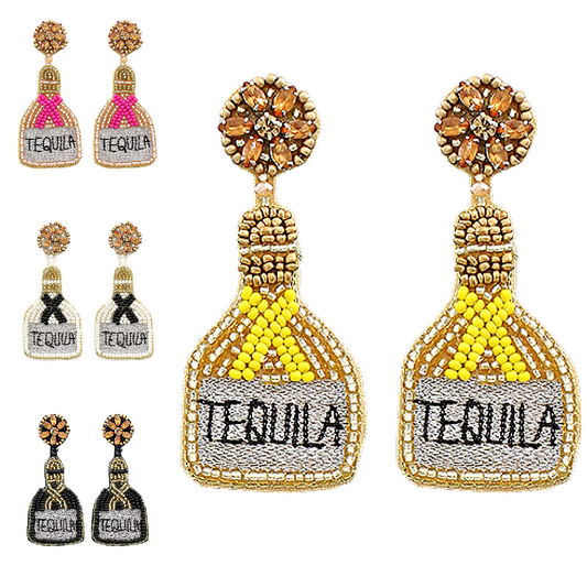 Iconic Brand Tequila Bottle Crystal Seed Beaded Earrings