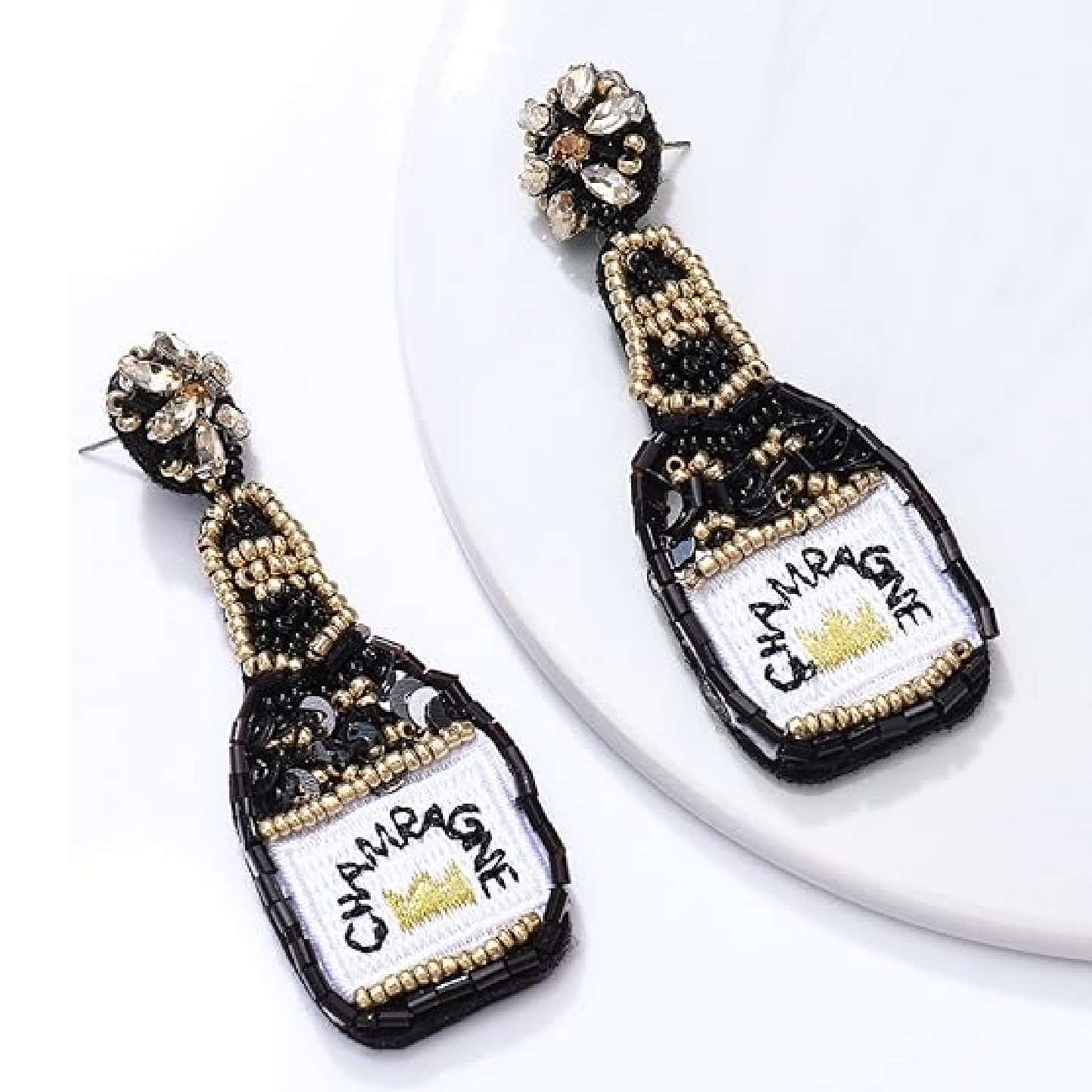 Black White Champagne Bottle Crystal Beaded Earrings