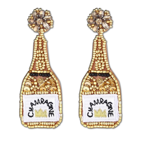 Gold Champagne Bottle Crystal Beaded Earrings