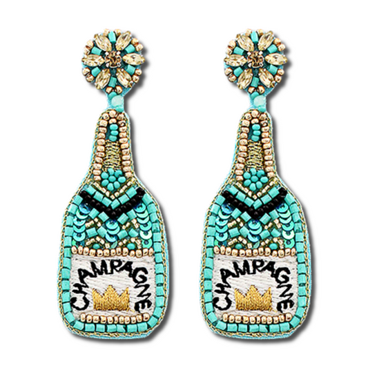 Turquoise Champagne Bottle Crystal Beaded Earrings