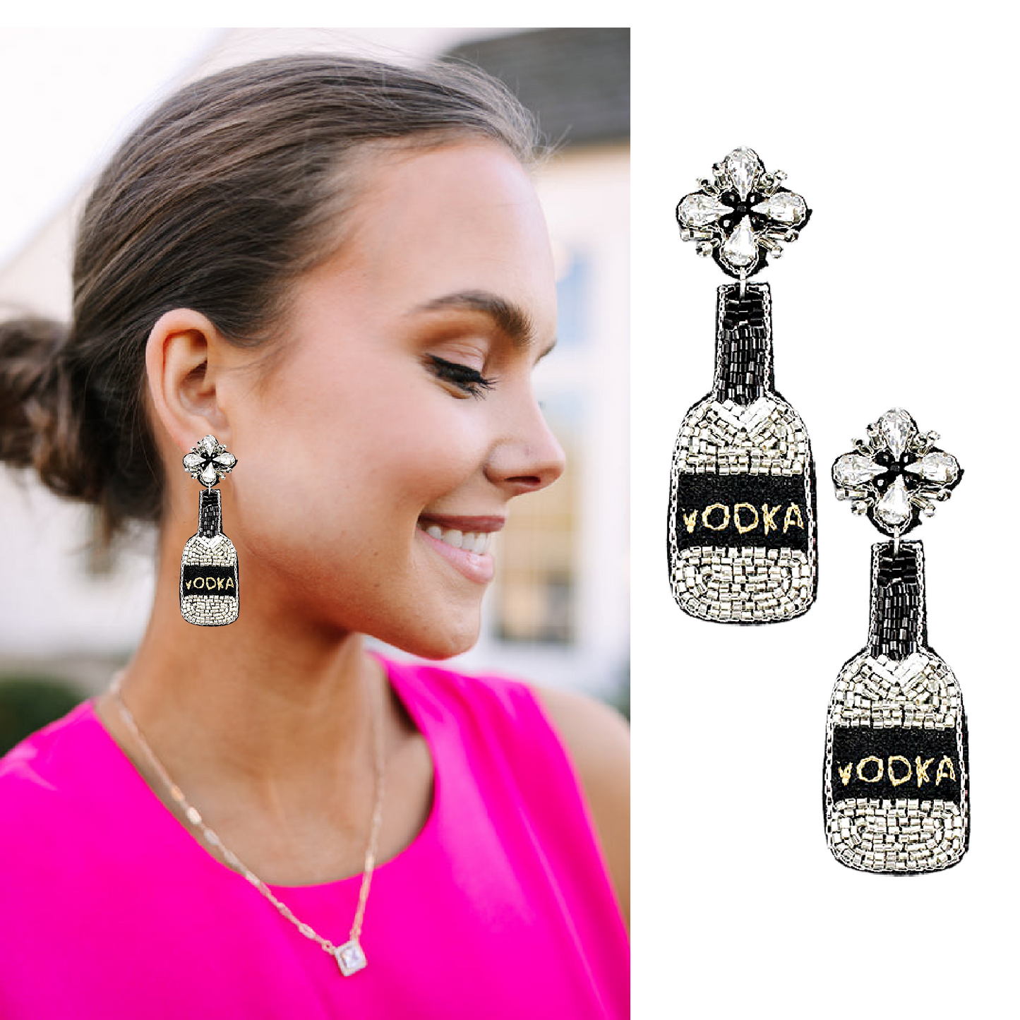 Vodka Bottle Crystal Glass Seed Beaded Earrings