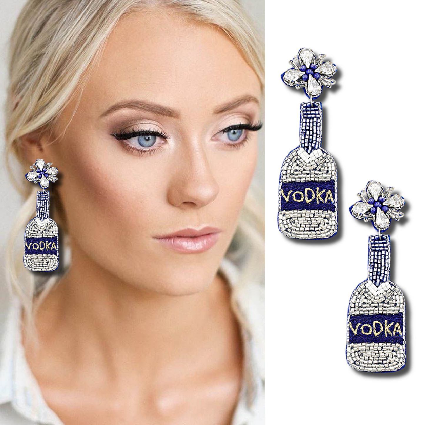 Vodka Bottle Crystal Glass Seed Beaded Earrings