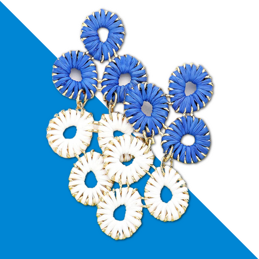 Blue White Football Team Colors Raffia Waterfall Earrings