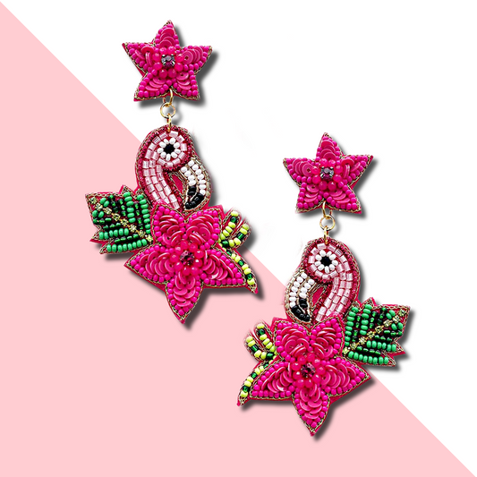 Pink Flamingo Tropical Bird Star Beaded Crystal Earrings