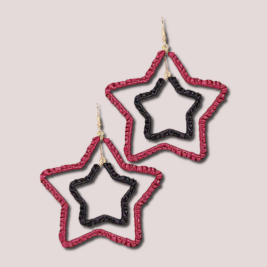 Raffia Double Star Football Team Colors Garnet Black Earrings