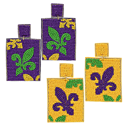 Mardi Gras Square Beaded Fleur De Lis Earrings