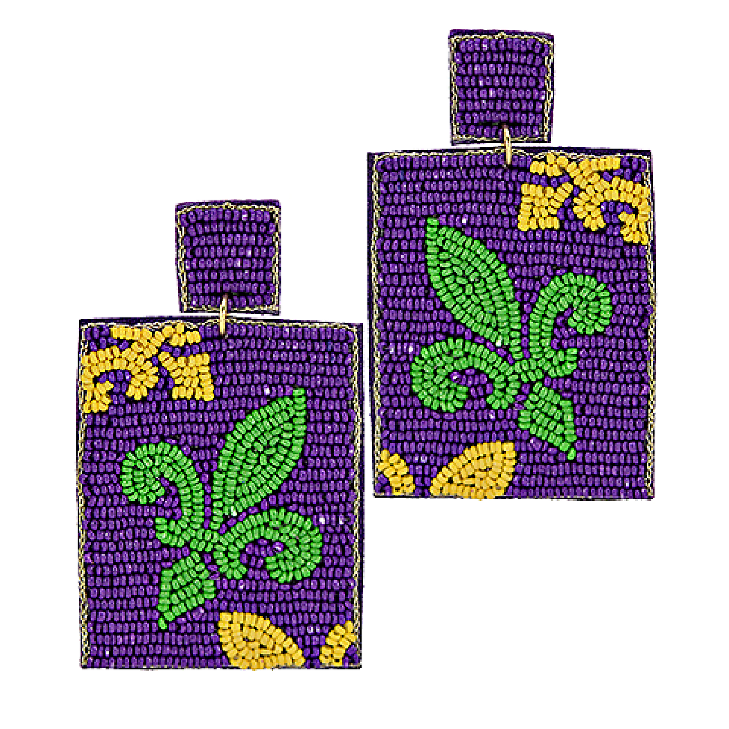 Mardi Gras Square Beaded Fleur De Lis Earrings