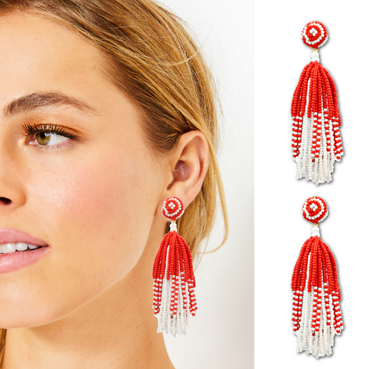 Football Team Fan Red White Beaded Tassel Earrings