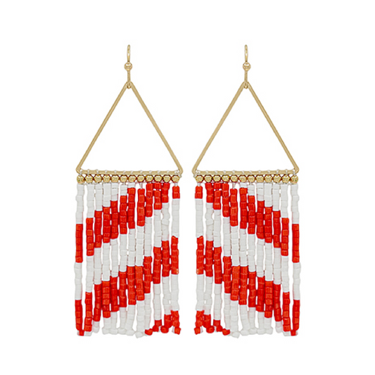 Red & White Striped Seed Bead Fringe Earrings