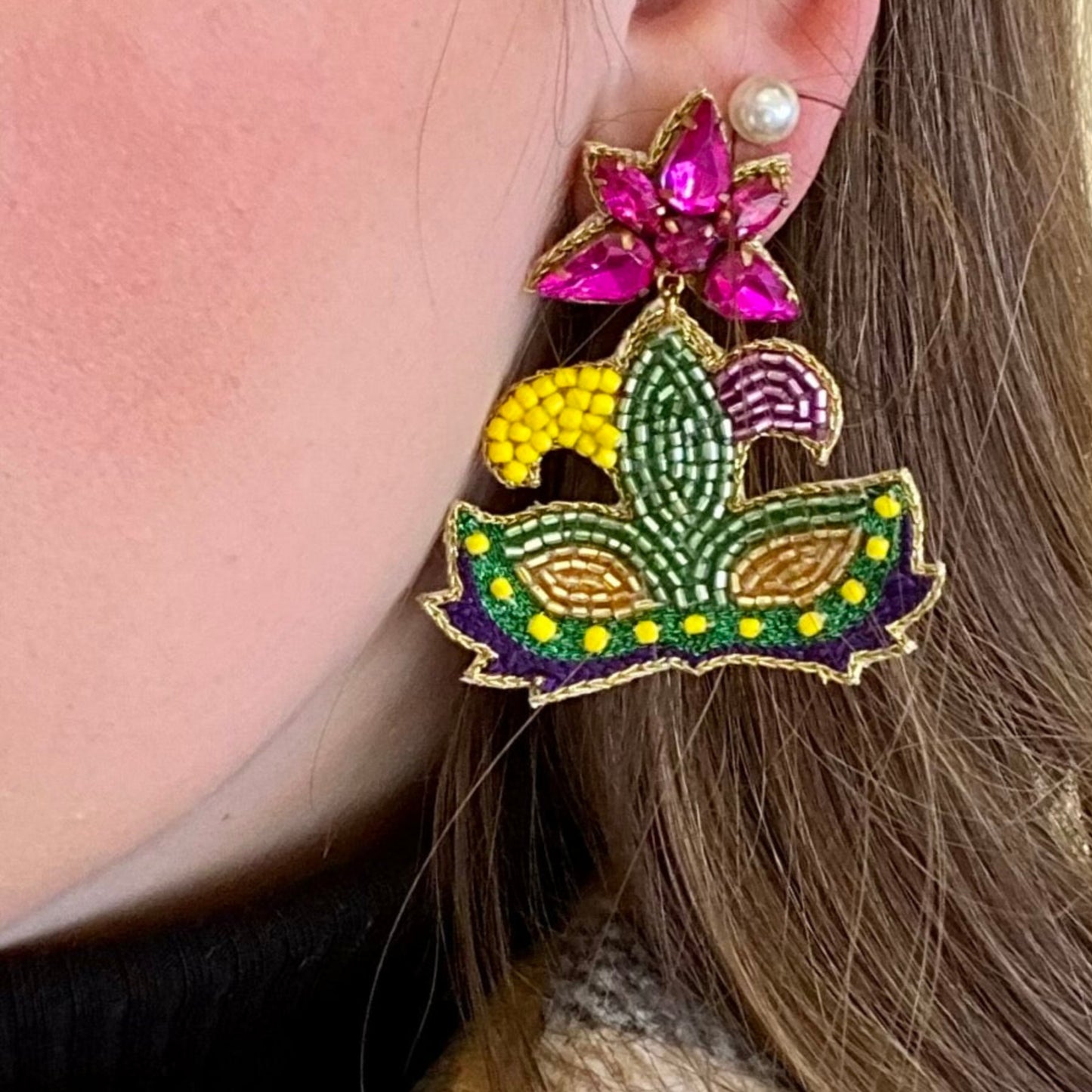 Mardi Gras Beaded Party Mask Crystal Earrings